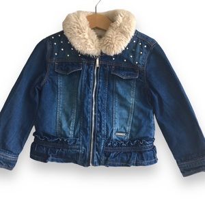 Mayoral Jacket Kids Denim Zip Closure Fleece Lined Warm Sz T3